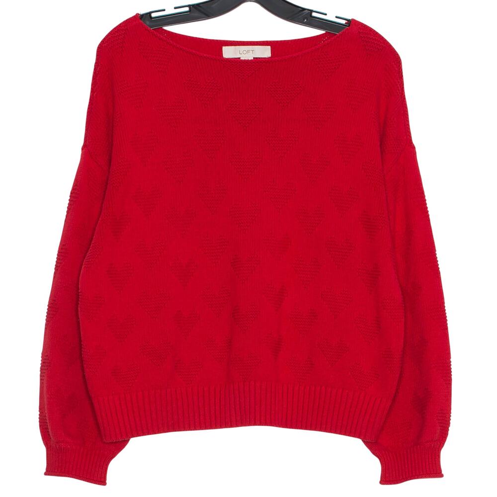 Loft Sweater Heart Boat Neck Valentines Boxy Romantic Balloon Sleeve Red Large